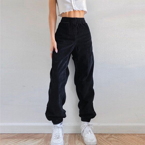 

black casual corduroy high waist harem pants women autumn skinny pocket trousers ladies fashion streetwear joggers, Black;white