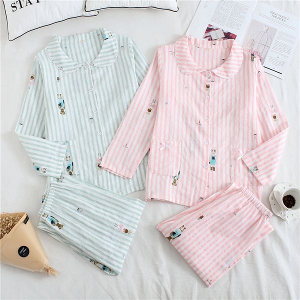 

2021 new korea fresh maple leaf pajama sets 100% gauze cotton long sleeve casual sleepwear women pyjamas summer l8nq, Black;brown