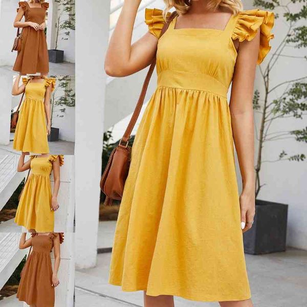 

women summer cotton dress high waist square collar a-line tank midi dresses ruffles backless ladies beach sundress x0521, Black;gray