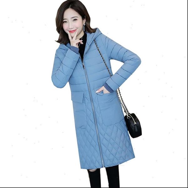 

2021 new plus size parkas women hooded winter jacket slim down cotton pocket long coat solid casual female warm outwear, Black