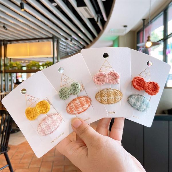 

2 pcs new compact cute wool weave bow duckbill clip headwear korean fashion sweet girl plaid plush oval bb clip hair accessories, Slivery;white