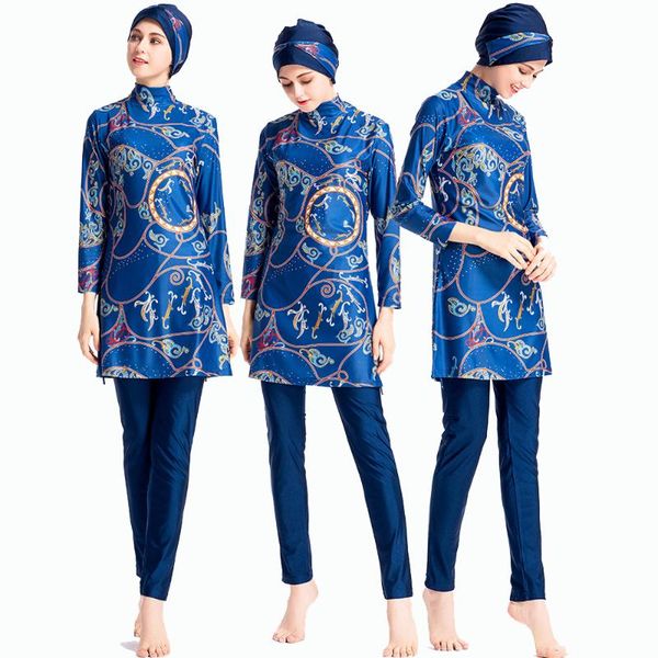 

swim wear three pieces burkini muslim swimsuit fashion hasema without pad swimwear for islamic women print musulman 2021