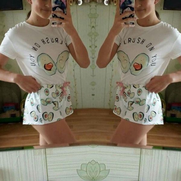

women girls summer pajamas set cute cartoon avocado letters printed short sleeve loose bowknot shorts sleepwear loungewear, Black;red