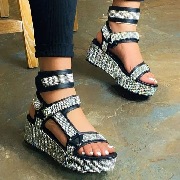 

sandals summer luxury women flat platform ankle-warp rhinestone thick sole non slip hook&loop party club shoes ladies female, Black