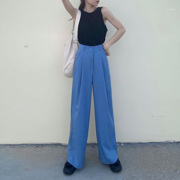 

women's pants & capris 2021 solid long for women casual suit wide leg female trousers high waist office lady straight loose all-match, Black;white