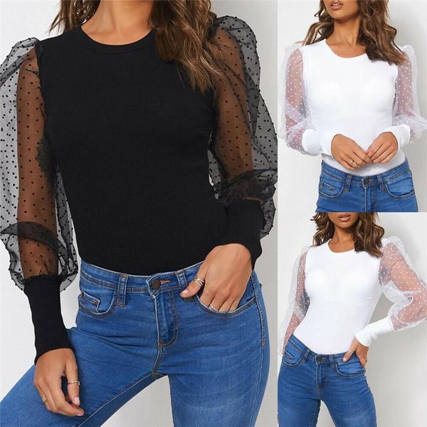 

women's jumpsuits & rompers mesh puff sleeve bodysuit autumn women ladies casual round neck romper o, Black;white