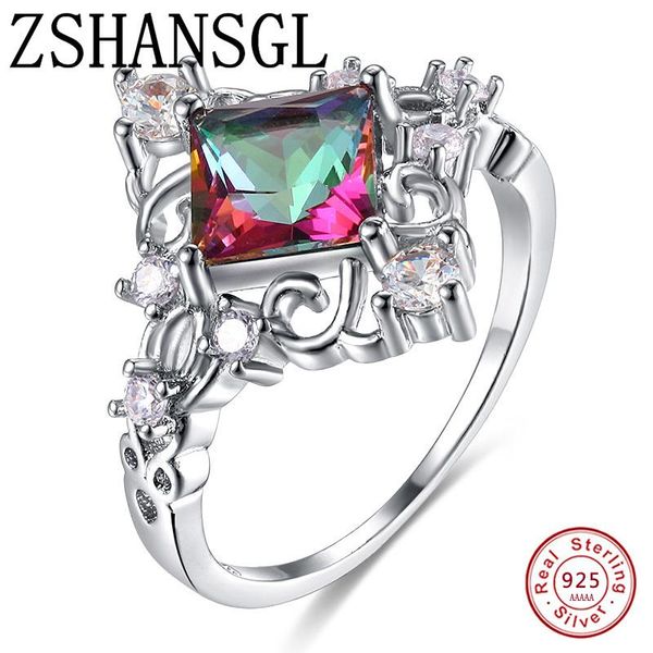 

wedding rings square zircon for women female 100% 925 sterling silver finger ring jewelry promise ladies gift, Slivery;golden