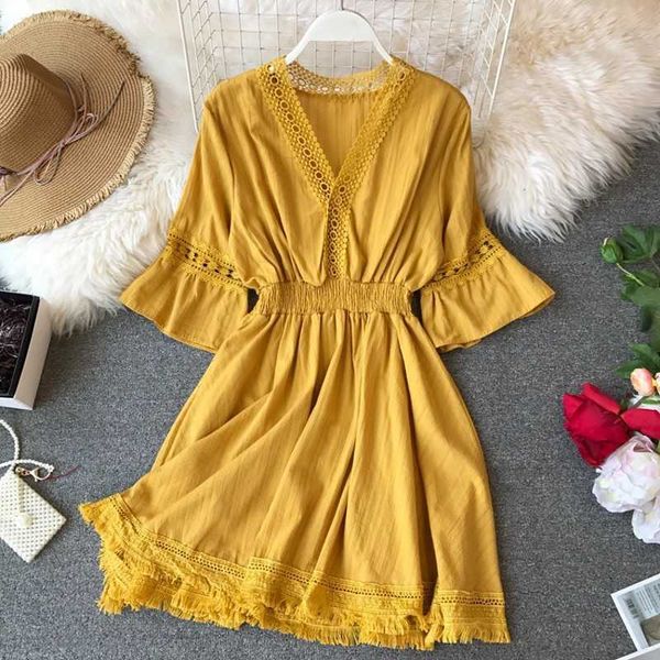 

hollow out chiffon dress boho women mini cross bandage lace semi-sheer plunge v-neck flare sleeve black/white 210601, Black;gray