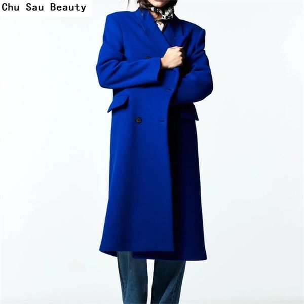 

za women's blue trend woolen coat autumn/winter fashion high street double-breasted lapel mid-length loose jacket 211130, Black