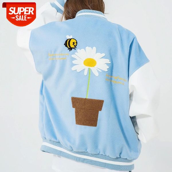 

2020aw hip hop patchwork button jackets mens harajuku streetwear embroidery daisy bee bomber jacket baseball coats #gu5o, Black;brown