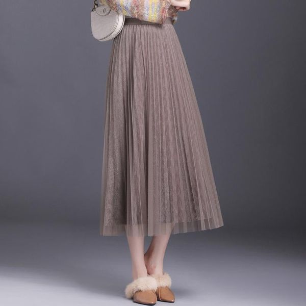 

skirts women's tulle plain pleated skirt 2021 fashion black grey khaki mesh long high waist woman