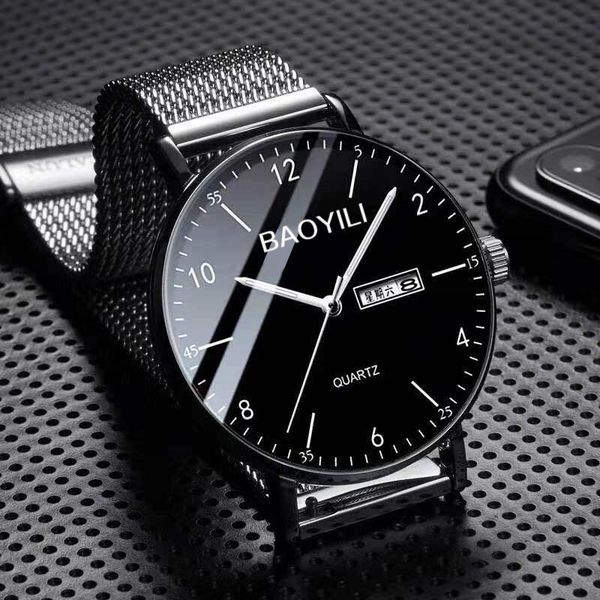 

wristwatches automatic watch men's waterproof double calendar ultra-thin student korean version of night light steel belt non-mechanica, Slivery;brown