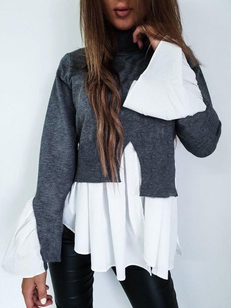 

women's blouses & shirts 2021 fashion women knitted oversized casual shirt loose long sleeve turtle neck patchwork clothing autumn ladi, White