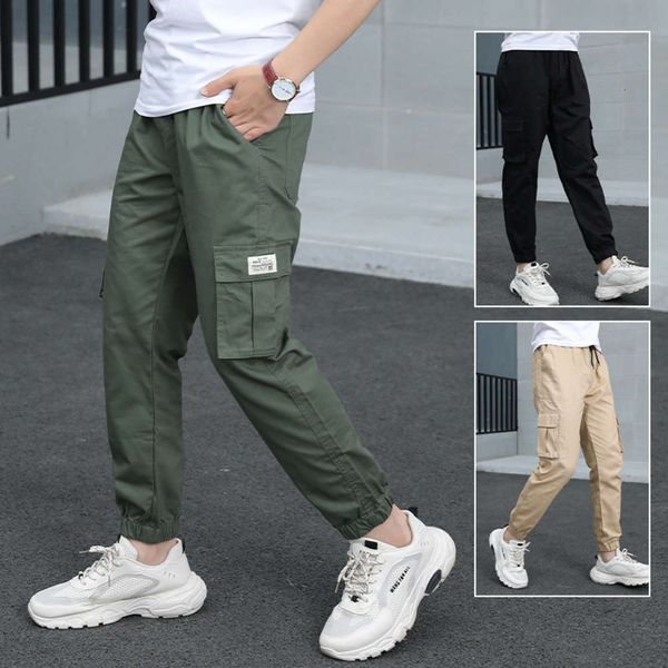 

work clothes casual pants men's slim little feet students' fashion band legged spring and autumn big children's loose capris, Black