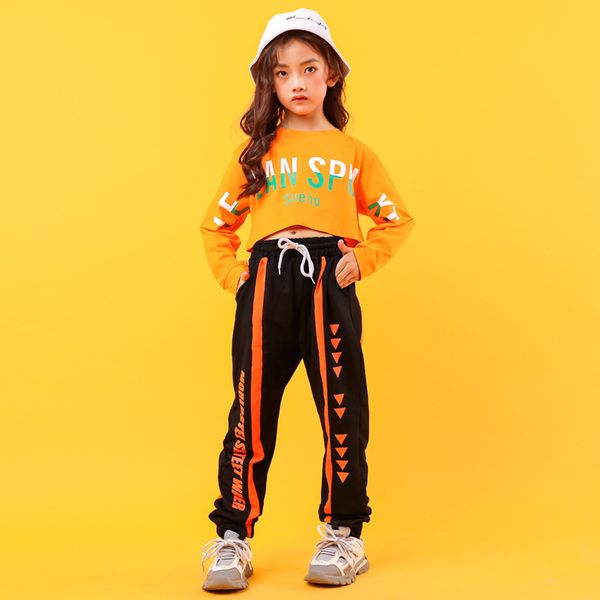 

children sir dance show girl reveal navel hiphop hip-hop performance clothes tide girl hip hop suit autumn, Black;red