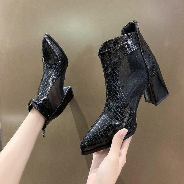 

boots pointed toe block heel women spring summer mesh ankle booties with snake embossing black color