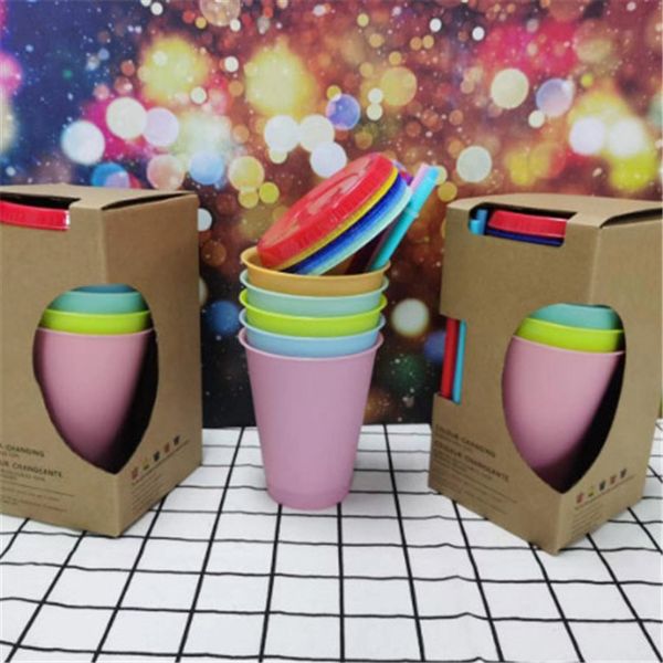 

5 colors 16oz changing color magic plastic drinking tumblers with lid and straw reusable candy color cold cup summer beer mugs fy4494