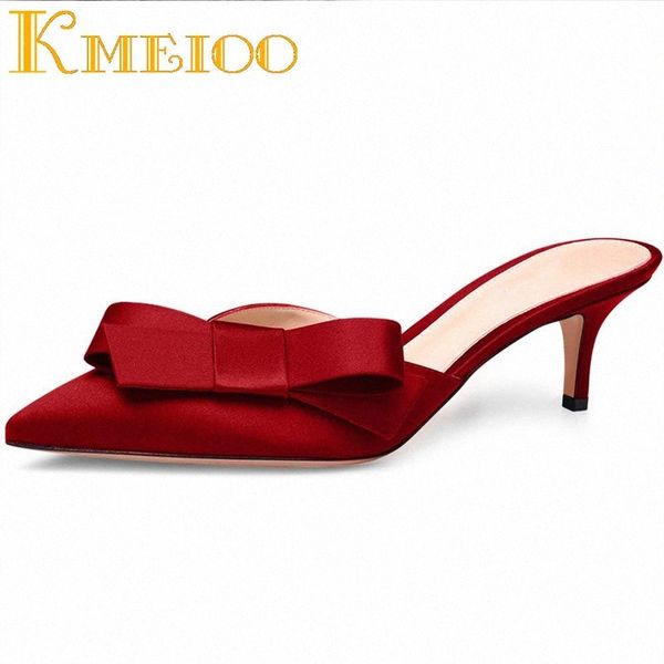 

kmeioo sweet mule for women bow tie mules slip on kitten heels pointed toe slippers satin dress causal shoes 6.5 cm e5hz#, Black