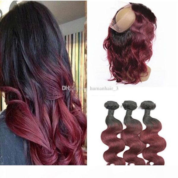 

ombre 360 with bundles two tone 1b 99j wine red 360 lace frontal closure with bundles 4pcs lot burgundy body wave virgin hair, Black;brown