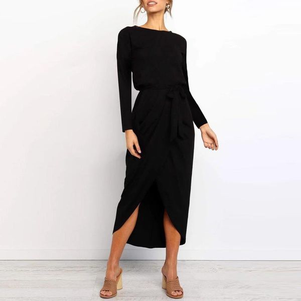 

casual dresses 2021 autumn female dress belt thin long sleeves robe femme ladies round neck maxi, Black;gray