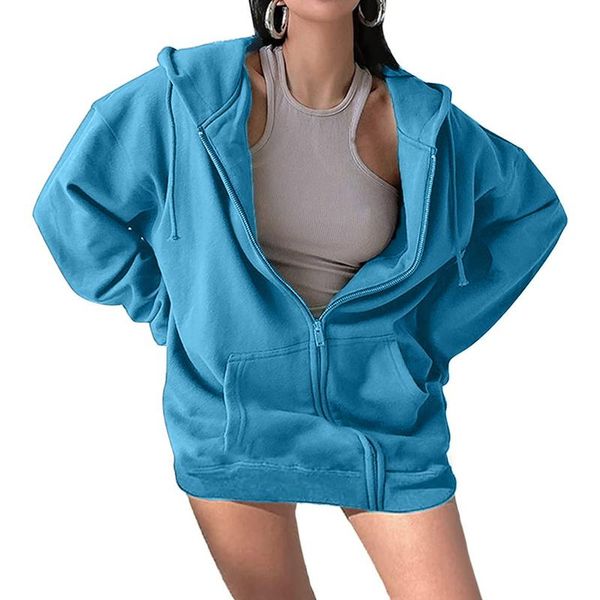 

women's hoodies & sweatshirts oversized solid color hooded women zipper sweatshirt long sleeve blouse pocket pullover thick hoodie, Black