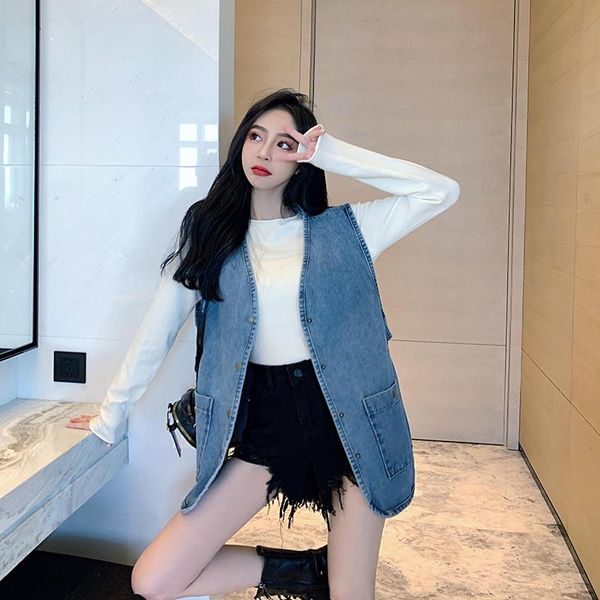 

women's vests denim vest for women 2021 spring autumn plus size 2xl all- match sleeveless jacket coat chic waistcoat female, Black;white