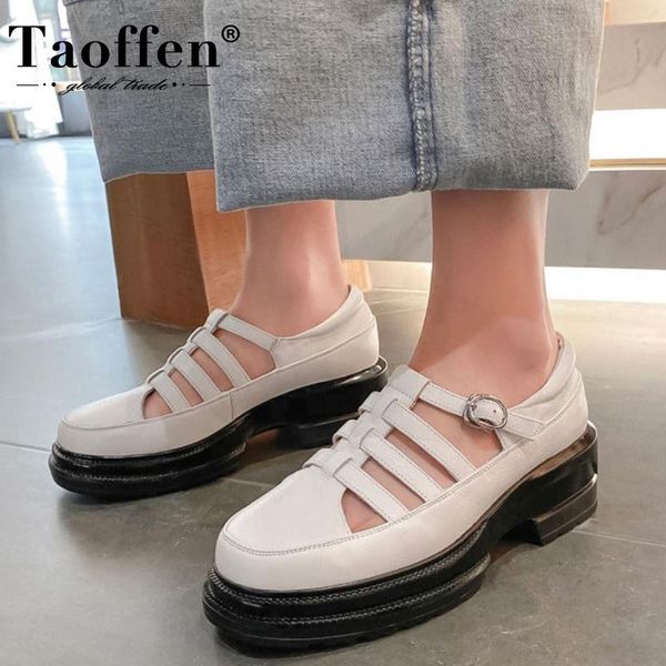 

taoffen real leather women gladiator sandals round toe thick bottom platform buckle strap hollow out ladies footwear size 33-42, Black