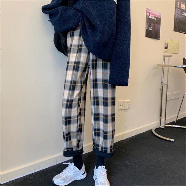 

korean style plaid elastic waist womens pant pockets casual wide leg autumn chic clothing lady all match harajuku, Black;white