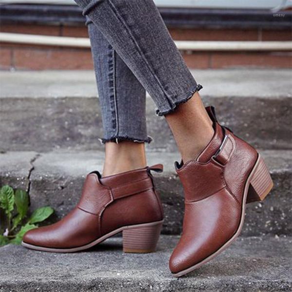 

boots women hook loop ankle ladies pointed toe short big size female pu leather mid heel woman casual shoes autumn winter1, Black