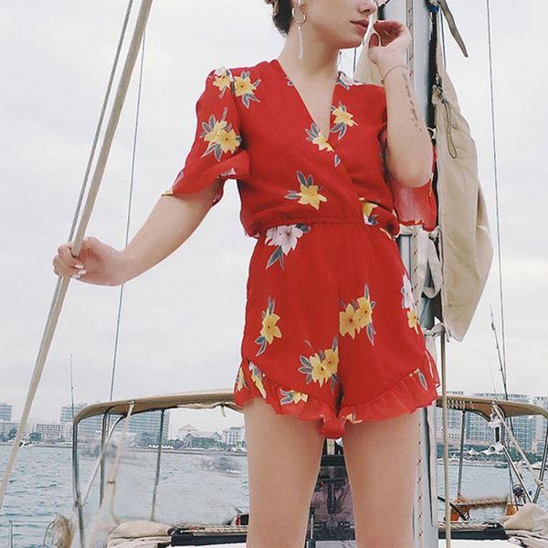 

women's jumpsuits & rompers women playsuits floral print chiffon v-neck short sleeve casual beachwear slim ruffle airy female playsuit, Black;white