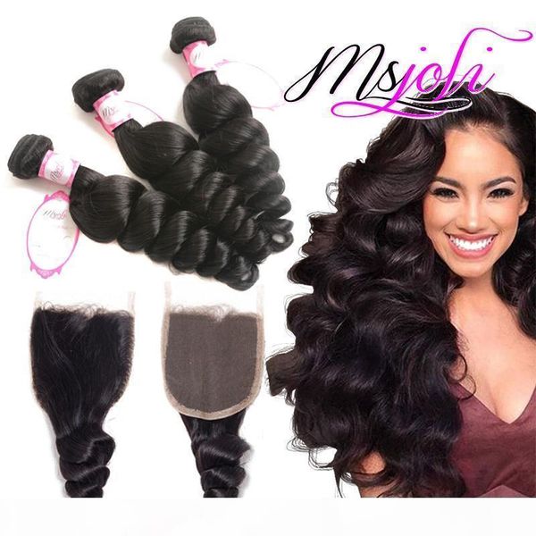 

brazilian mongolian virgin human hair weave unprocessed loose wave natural color 4x4 lace closure frontal with three bundles from ms joli, Black;brown