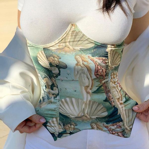 

belts summer women underbust bustiers retro oil painting printing abdominal control fish bone girdle soft and lightweight s m l, Black;brown