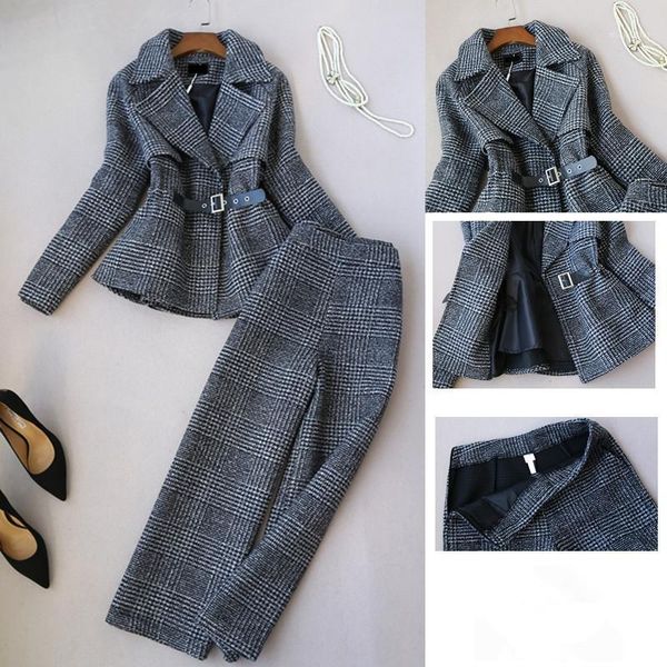 

women 2 two piece sets wool blends blazer + high waist wide leg ankle length pant office lady women's pants, White