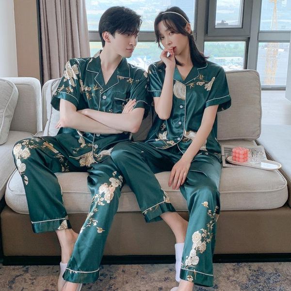 

men's sleepwear short sleeve trouser pure color or printed flower pajama set men thin silk satin lounge wear couple snight pijamas, Black;brown