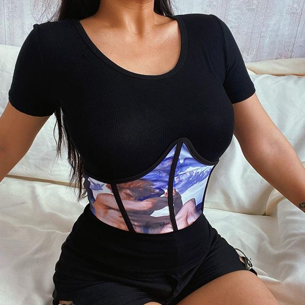 

belts oil painting print black corset goth high waist corsets harajuku vintage shaper cummerbunds patchwork clothing, Black;brown