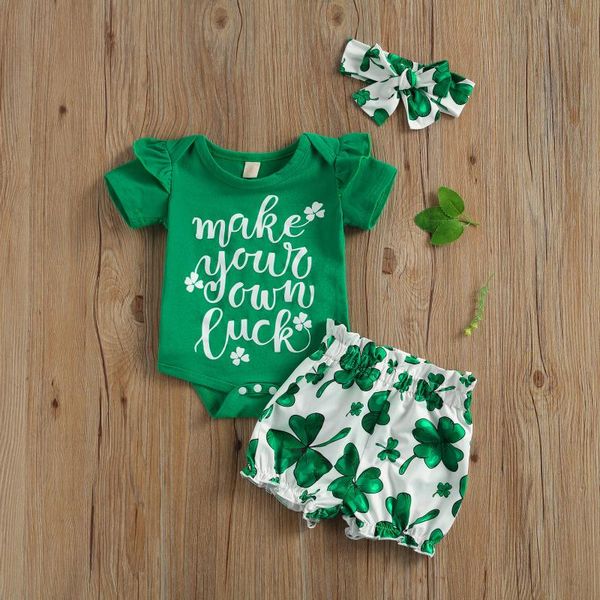 

clothing sets 2021 0-18m baby clover print clothes set st. park's day girls short sleeve romper with ruffle + pants bow-knot headband, White