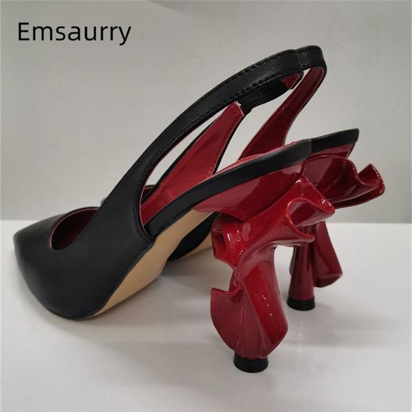 

dress shoes design 2021 chic pleated strange heel woman point toe slingback back strap genuine leather shallow pumps party, Black