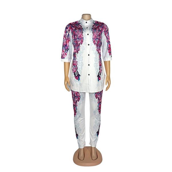 

women's tracksuits pyama woman set white 3/4 sleeve button down shirt+sweatpant drill printed lounge ensemble africaine femme, Gray