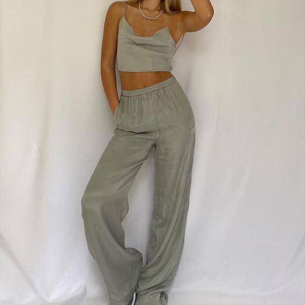 

summer two piece set womens pants vintage gray slim tank streetwear elastic high waist trousers, White