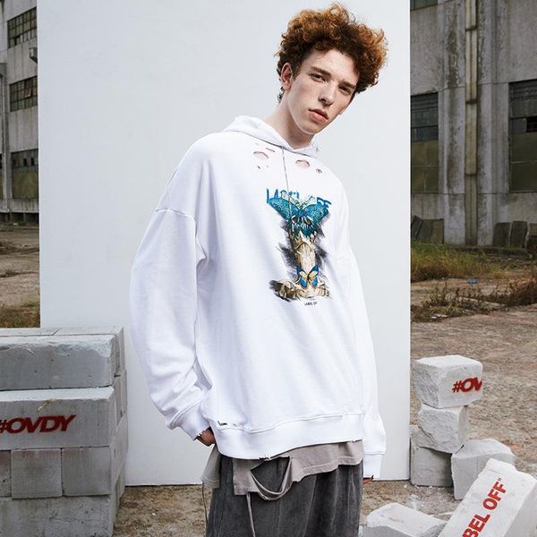

men's hoodies & sweatshirts clothing autumn winter hip hop hoody man fashion butterfly hole ripped oversize loose for lovers, Black