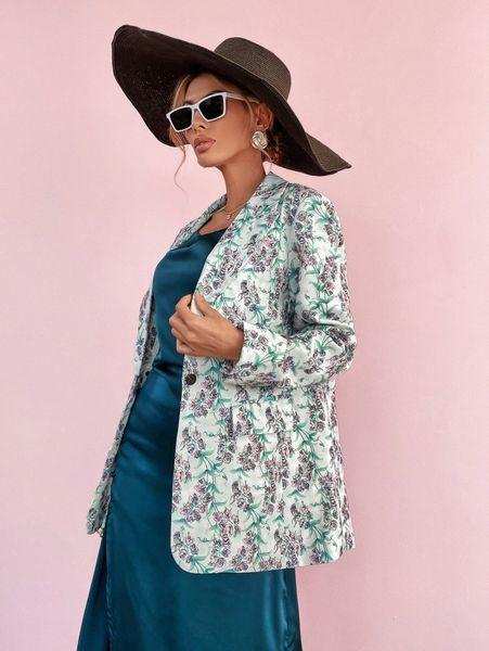 

floral print flap detail single button blazer j3hj#, White;black