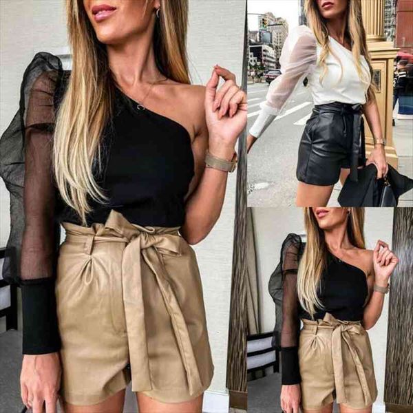 

women mesh net blouse sheer puff sleeve one shoulder ladies shirt womens clothing slim fit female blusa, White