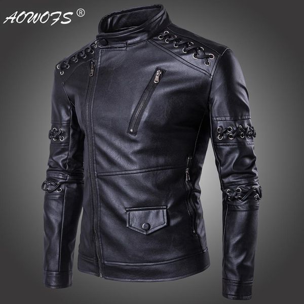 

fashion ouma new style cool braided rope stand collar men locomotive leather coat men's leather coat currently available d0, Black