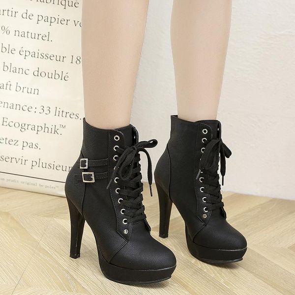 

boots 2021 plus size ankle women platform high heels female lace-up women's shoes buckle woman short boot ladies footwear, Black
