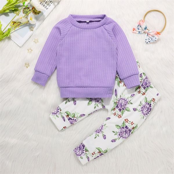 

infant baby floral sets solid sweater long sleeve girls elastic trousers kids casual clothes with hairband girls outfits 06 192 y2, White