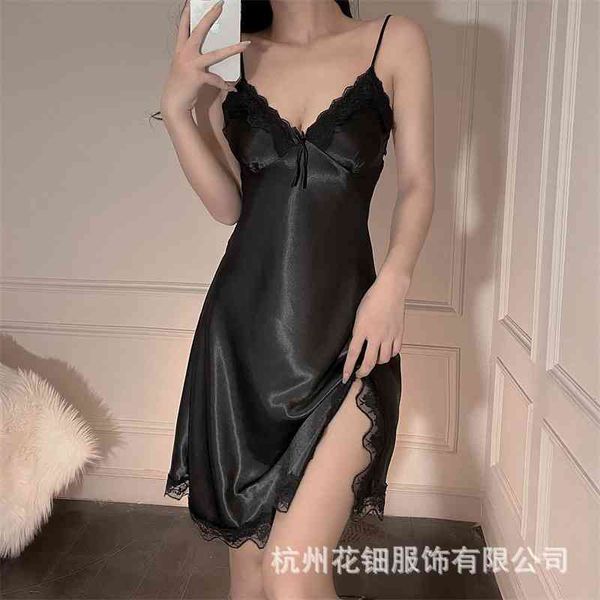 

xuanxuan rabbit lace backless suspender nightdress ice nightgown women's summer thin underwear, Black;white