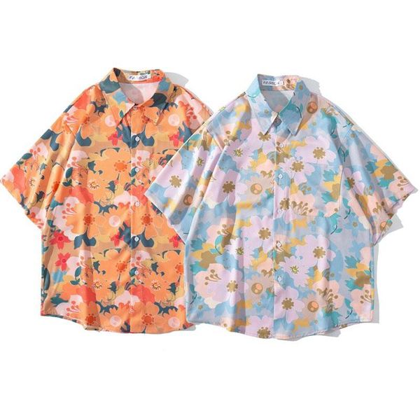 

men's casual shirts men shirt short sleeve blue orange 2021 summer loose pocket flowers male thin comfortable korean style s67, White;black