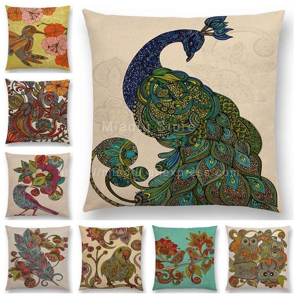 

bohemian floral pattern sofa throw pillow case feather frisky birds flowers hummingbird peacock parrot cushion cover