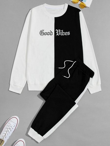 

men letter graphic two tone sweatshirt & sweatpants d8it#, Gray