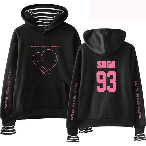 

jimin j-hope jun kook suga fake two pieces hoodies sweatshirts women/men kpop soul map person bangtan boys hit hop streetwear, Black